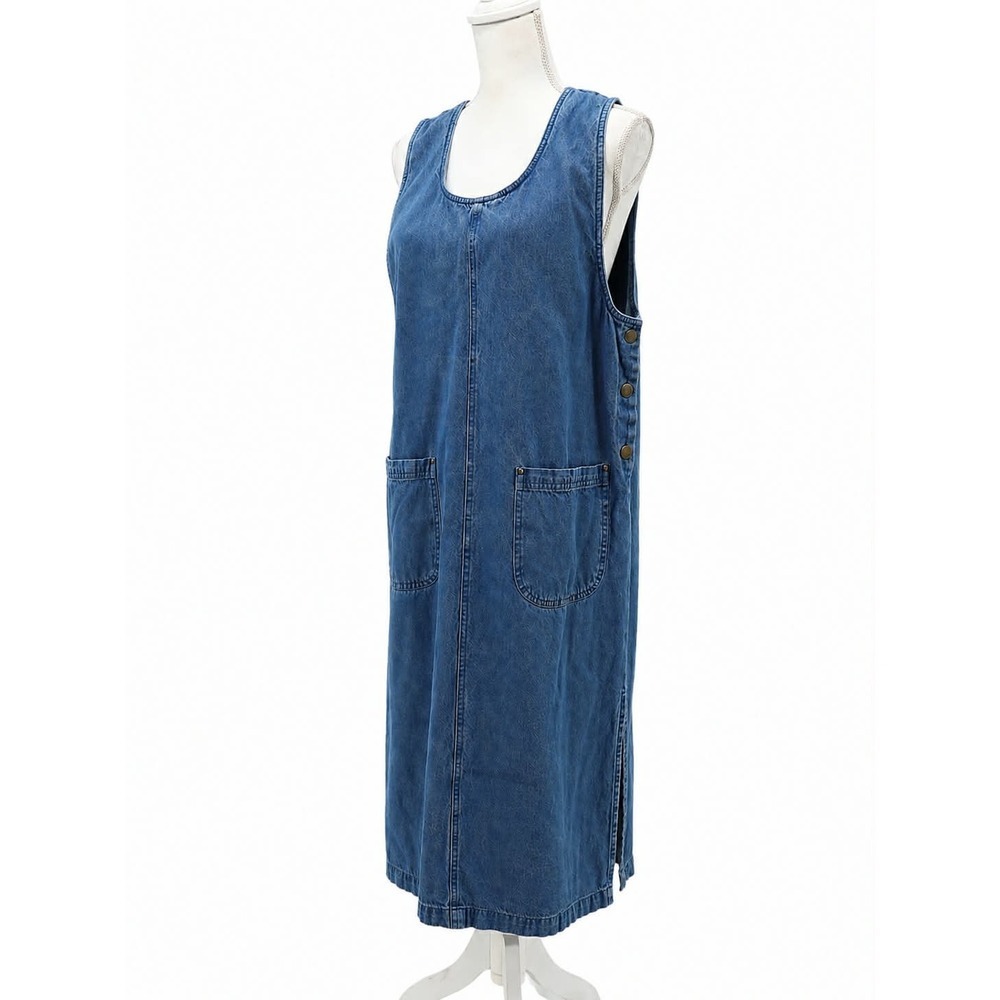 Serengeti Vintage 90s Denim Jumper Midi Dress Pinafore Pockets Side Slit Blue PM
